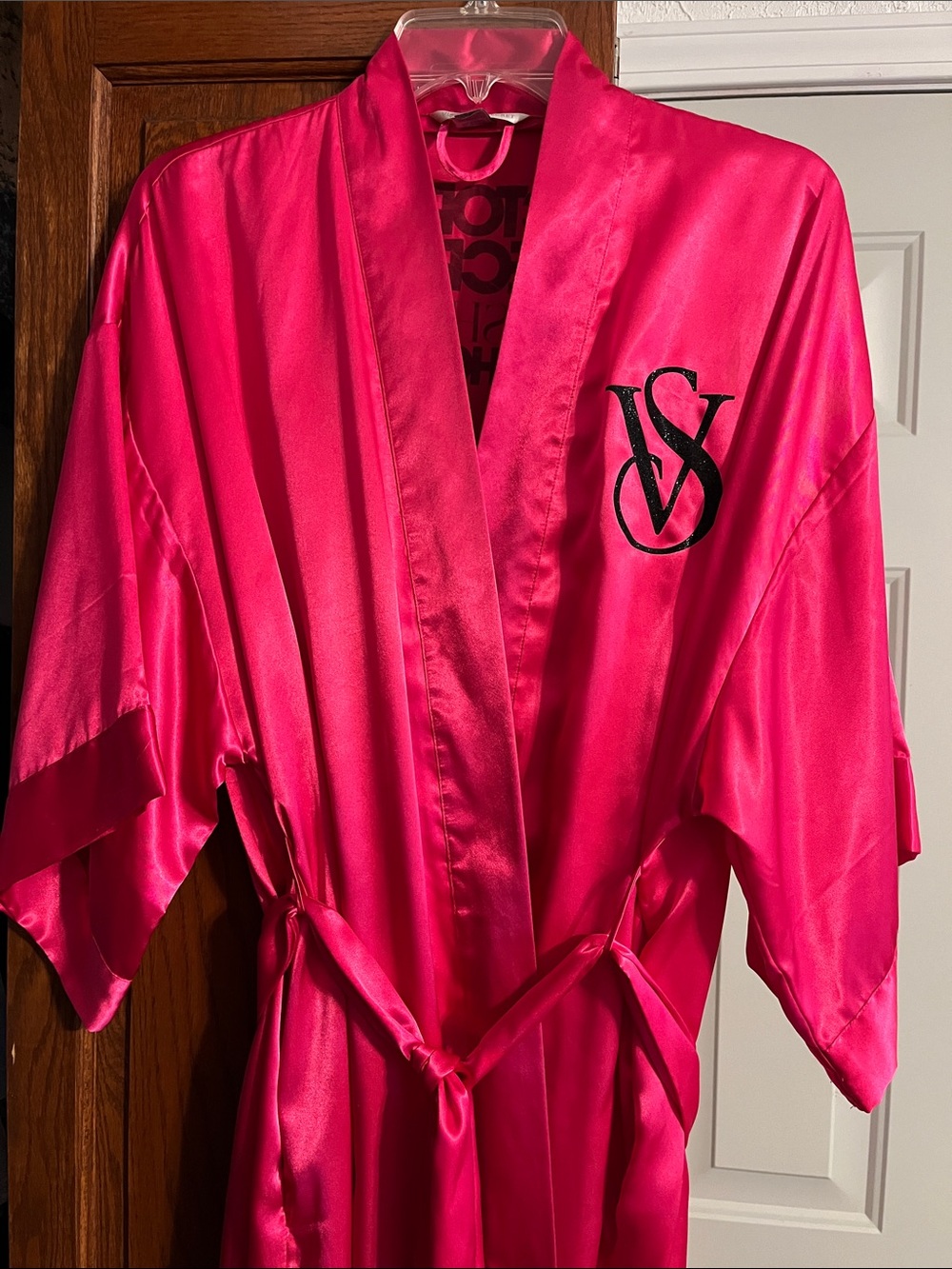 Victoria's Secret Vibrant Pink Satin Robe with VS Logo